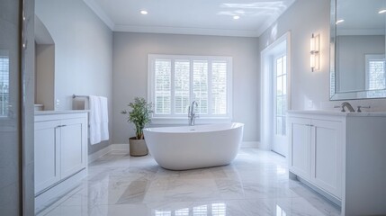 luxurious bathroom featuring a freestanding tub, elegant fixtures, and a calming color scheme