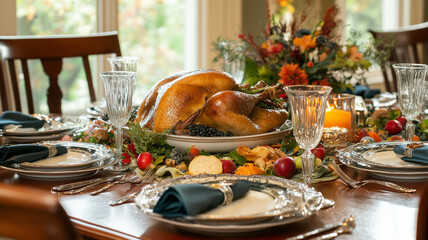 Thanksgiving table featuring a lavish spread with a large roast turkey, gravy, and an assortment of colorful side dishes