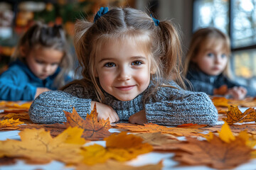 A cheerful young girl with pigtails lies on a table covered with vibrant autumn leaves, enjoying a cozy moment with friends in a warm indoor setting. The ambiance reflects the essence of fall