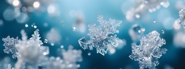 Close-up of snowflakes on ice, arranged in an artistic pattern with various shapes and sizes