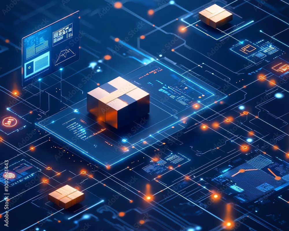 Poster futuristic technology network illustration with glowing digital elements, data charts and cpu units,