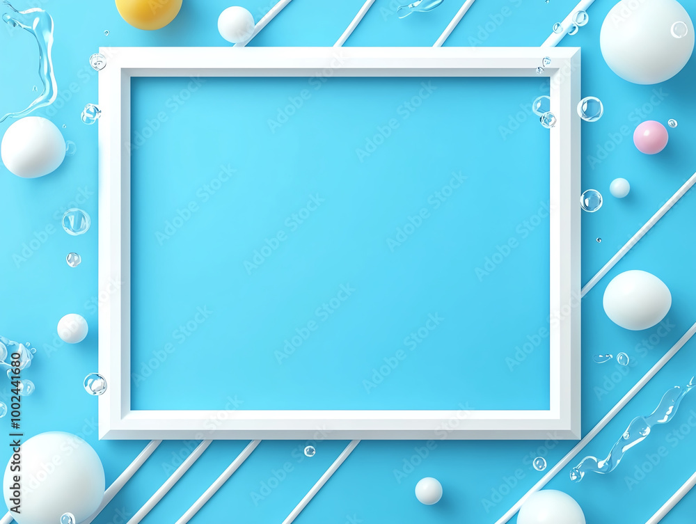 Poster minimalistic blank white frame on a vibrant blue background with abstract round and linear shapes, s