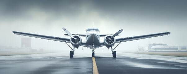 Vintage aircraft on a runway in foggy weather, highlighting its powerful design and aviation history