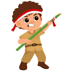 Boy Indonesian Soldier Holding Spear Illustration