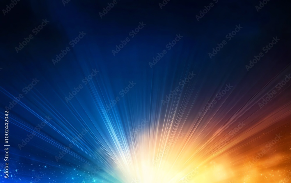 Poster vibrant abstract background with blue and orange light rays radiating outward, creating a stunning v