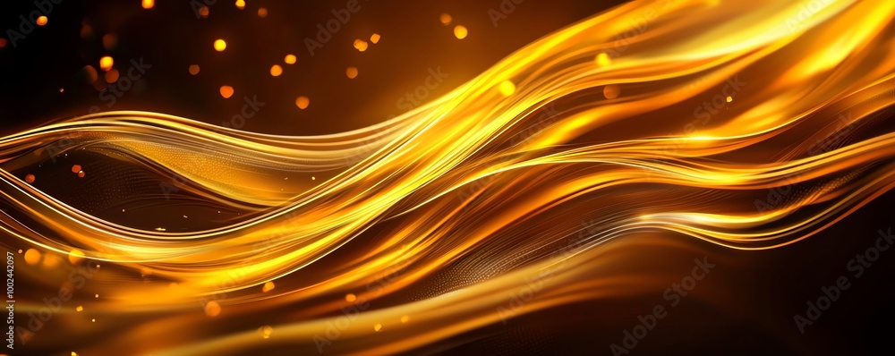 Poster vibrant golden abstract wave lines on a dark background, creating a dynamic and elegant visual effec