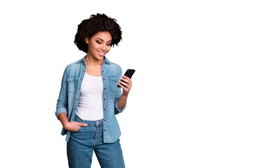 Portrait of pretty attractive blog blogger teen hold hand modern technology look news feed social...