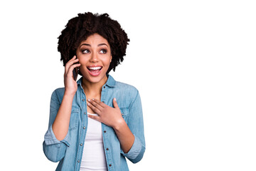 Portrait of funny funky cute charming lady break pause hold hand dialogue fun free time rest relax...