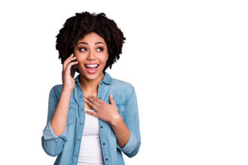 Portrait of funny funky cute charming lady break pause hold hand dialogue fun free time rest relax touch chin hand palm dressed modern denim clothing isolated grey background