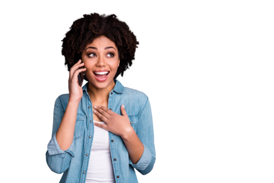 Portrait of funny funky cute charming lady break pause hold hand dialogue fun free time rest relax touch chin hand palm dressed modern denim clothing isolated grey background