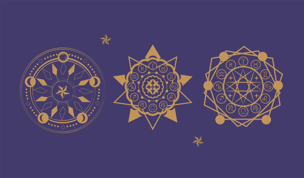 Astrology wheel with zodiac signs, Magic circle, Mystical geometry symbol. Star map.