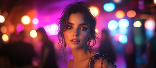 Woman with dark hair looking into the camera in a crowded bar with colorful lights.