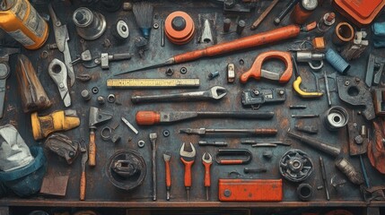 Fototapeta premium A Collection of Vintage Tools and Hardware on a Rusted Surface