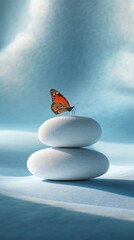 A serene image of a butterfly perched on a stack of smooth white stones against a soft blue background.