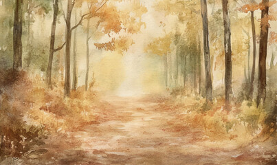 Obraz premium Watercolor Background of a Forest Path soft watercolor strokes in shades of brown, yellow, and green, evoking a walk through the woods in autumn