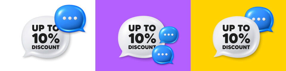 Chat speech bubble 3d icons. Up to 10 percent discount tag. Sale offer price sign. Special offer symbol. Save 10 percentages. Discount tag chat text box. Speech bubble banner. Vector