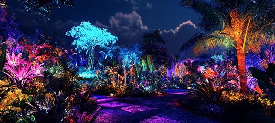 Obraz premium A holographic garden with virtual plants and flowers glowing in the air