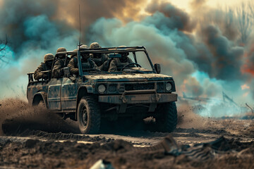 Obraz premium Military All Terrain Vehicle Advancing Through Heavy Combat Showing Strength and Power in the Midst of an Ongoing Battle