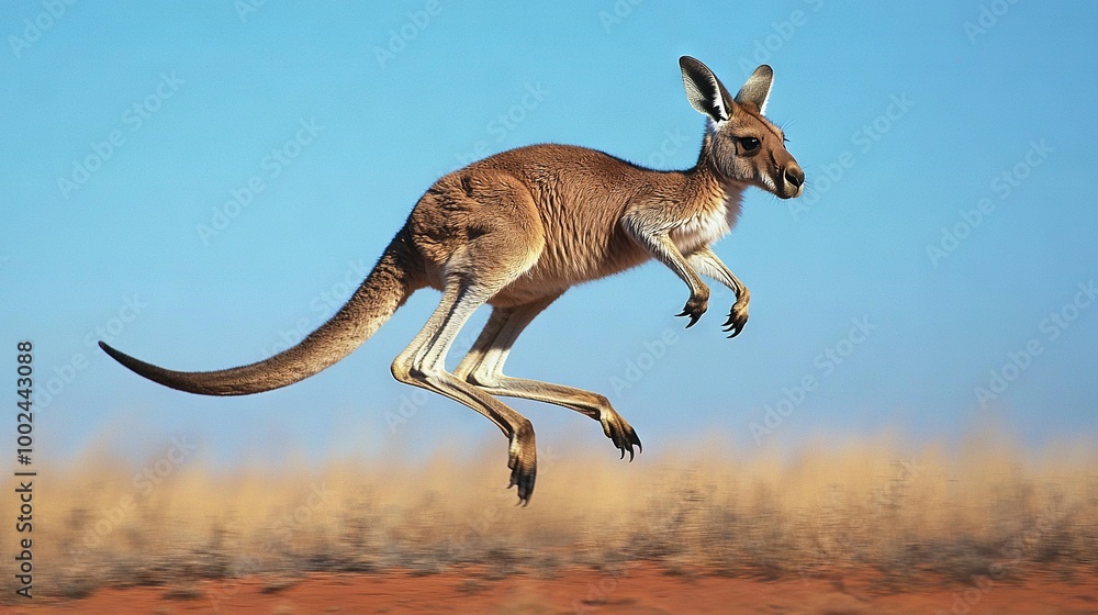 Wall mural   A kangaroo jumps in the air with its front legs spread and head turned to the side