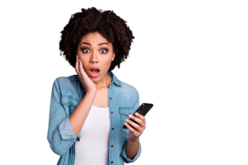 Portrait astonished fear scared lady impressed information unbelievable unexpected touch chin hand palm scream shout reaction rest smm free time wear trendy stylish clothes isolated grey background