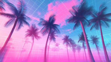 Naklejka premium Surreal Vaporwave Aesthetic with Distorted Typography and Palm Trees