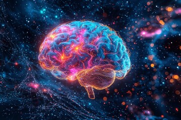 Fototapeta premium A glowing blue and orange brain surrounded by twinkling lights and a network of lines