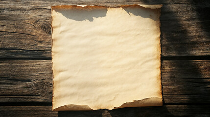 An aged, parchment scroll with burnt edges laid out on a wooden surface.