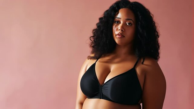 Plus-size African American woman in black bra posing against pink background, body positivity and self-love concept promoting diversity in fashion and beauty