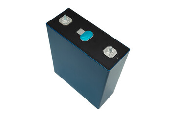 Lithium Iron Phosphate LiFePO4 blue prismatic cell isolated on white. Sustainable Energy Solutions....