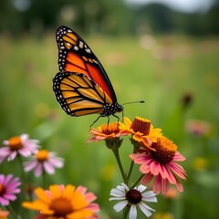 Fototapeta premium A close-up of a vibrant monarch butterfly resting on a cluster of wildflowers