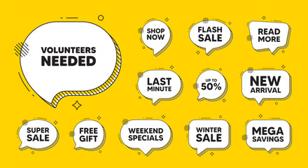 Offer speech bubble icons. Volunteers needed tag. Volunteering service sign. Charity work symbol. Volunteers needed chat offer. Speech bubble discount banner. Text box balloon. Vector