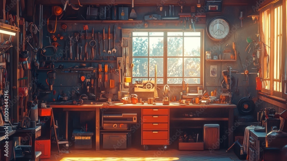 Poster a vintage workshop filled with tools and sunlight streaming through a window