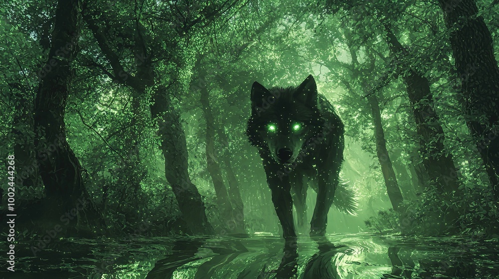 Sticker   Black wolf with green eyes walks through a forest, surrounded by tall trees and a small puddle in the foreground