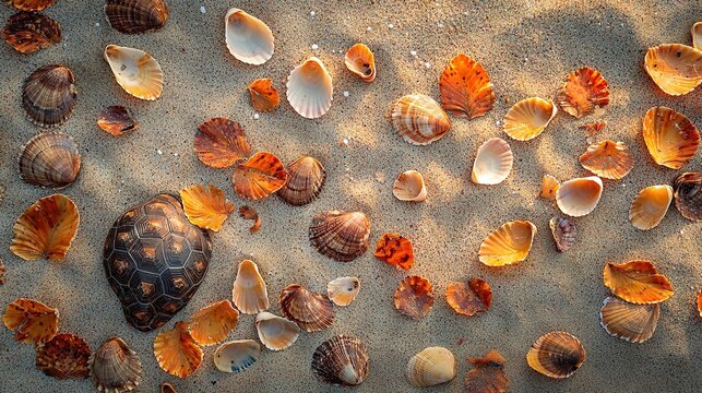   A turtle shell lies on the sand along with various seashells scattered around
