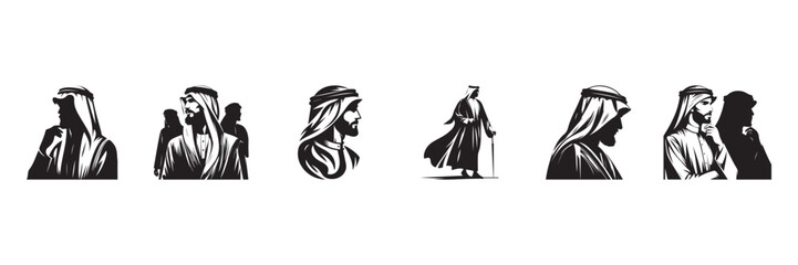 Arabic Men Silhouette Vector Icons Set in Traditional Middle Eastern Dress