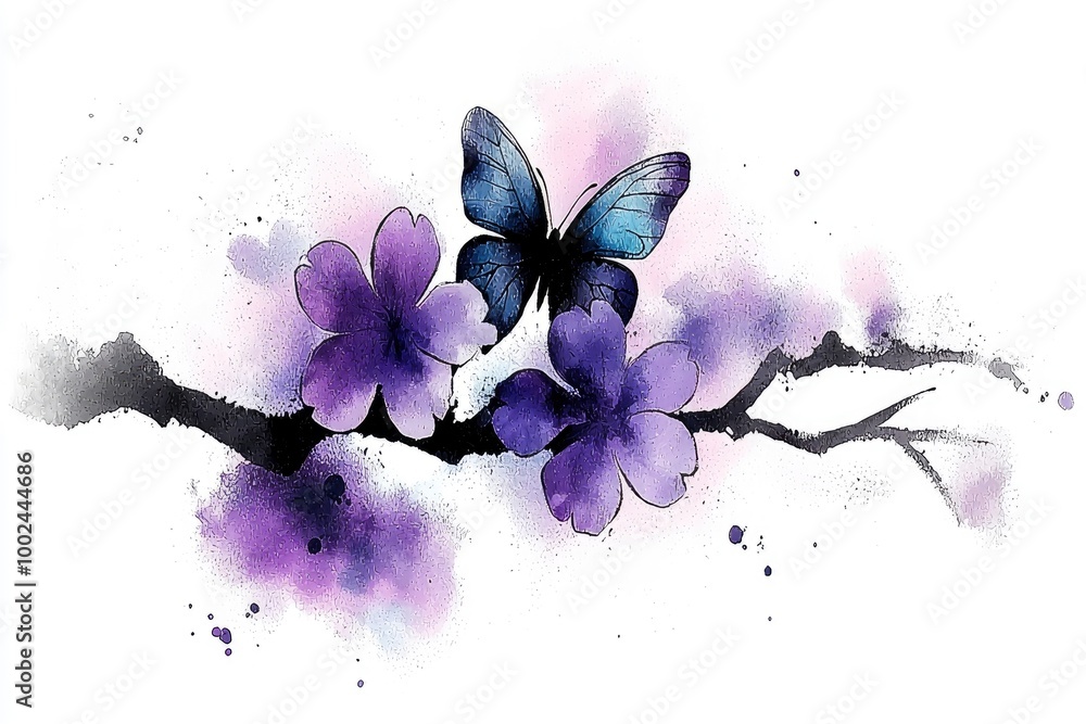 Poster Watercolor Butterfly and Flowers on a Branch