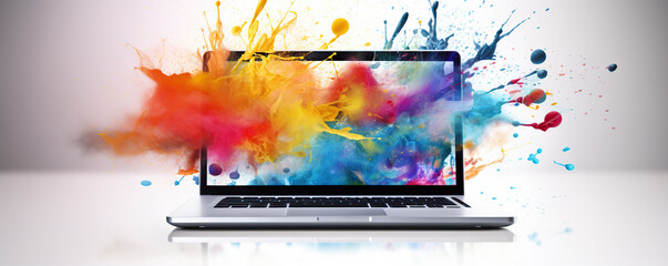 Colorful splashes of paint burst from an open laptop on a clean desk during a creative workspace session