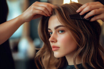 Fototapeta premium Young beautiful Caucasian woman getting hair cut by hairdresser at beauty salon