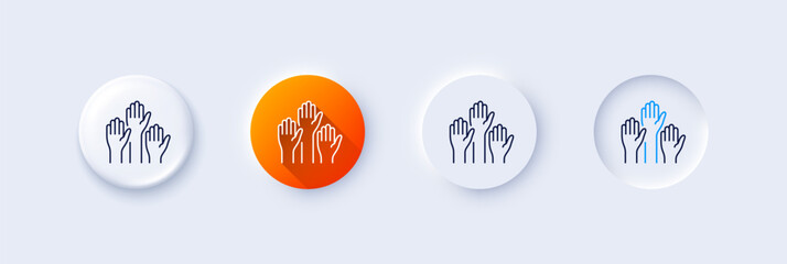 Voting hands line icon. Neumorphic, Orange gradient, 3d pin buttons. People vote by hand sign. Public election symbol. Line icons. Neumorphic buttons with outline signs. Vector