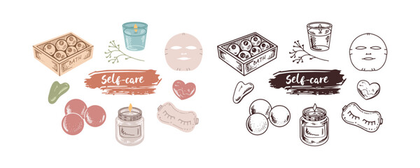 A set of  doodle and flat sketches of cosmetics, beauty, self-care, spa elements.  Illustration for beauty salon, cosmetic store, makeup design. Engraved image.