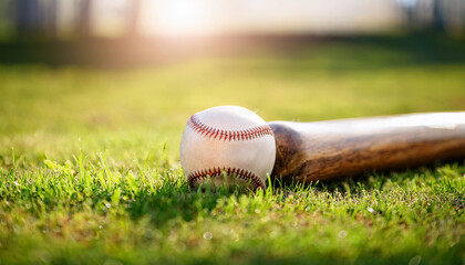 Wooden baseball bat and ball on green grass.