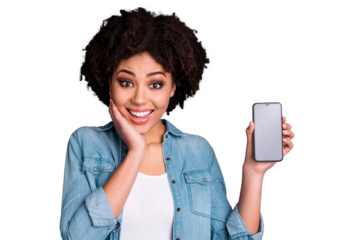 Portrait nice attractive teen teenager hold hand modern technology use touch face palm astonished impressed scream wow omg unbelievable unexpected denim fashionable clothing isolated grey background