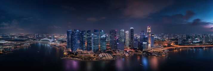 Fototapeta premium Singapore City Skyline: Night View of Famous Financial District Skyscrapers