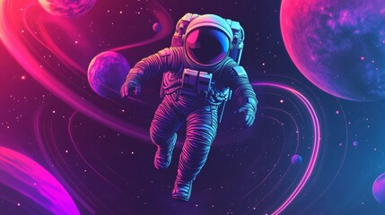 Obraz premium Planetary Rings and Astronauts in a Retro-Futuristic Space Banner