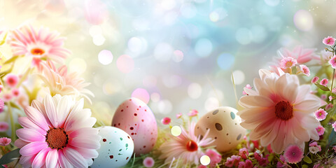 Vibrant Spring Easter Scene: Painted Eggs and Cherry Blossoms