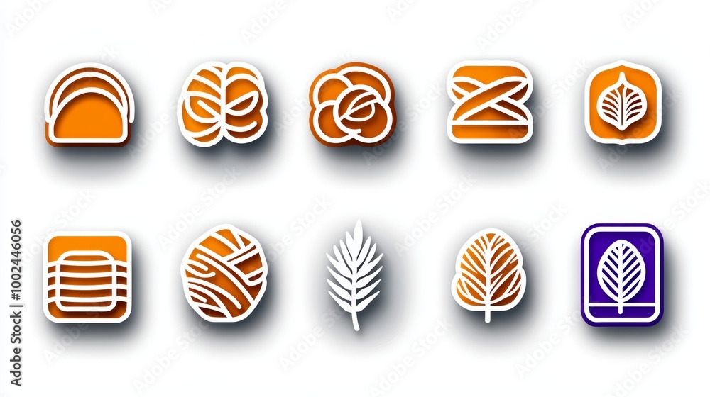 Poster set of ten abstract icons with various geometric shapes and patterns in orange and white. suitable f