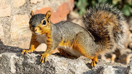 Fototapeta premium A squirrel perched atop a boulder beside a mound of soil and a heap of stones behind it