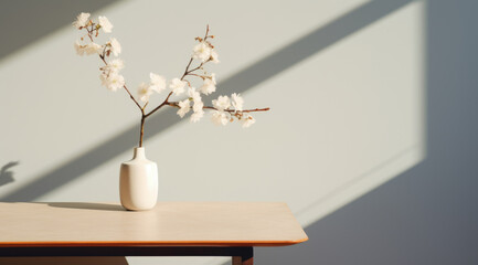 Fresh natural branches of evergreen tropical palm plant with decorative shadows on a light wall and glossy table surface. Game of shadows on a wall from window at the sunny day.