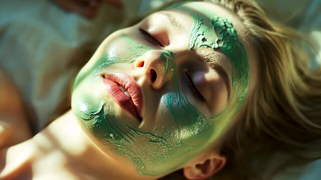 Young woman with glowing green face mask and closed eyes, beauty treatment or spa concept, skincare routine with seaweed or algae mask for rejuvenation and relaxation