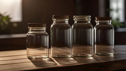 A row of different sizes of empty glass container on a wooden table.